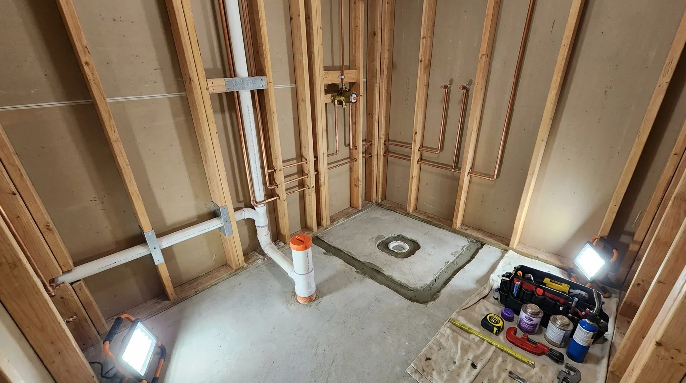 Bathroom rough-in plumbing during remodel by Johns Plumbing LLC in Orting