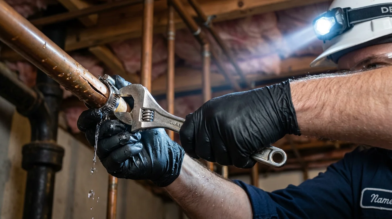 Emergency pipe clamp repair being performed by a Johns Plumbing LLC plumber in Orting