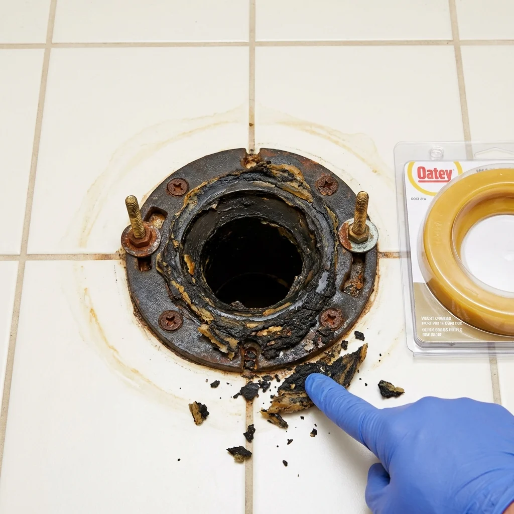 Failed wax ring showing water seepage at the base of a toilet in a Orting, WA home