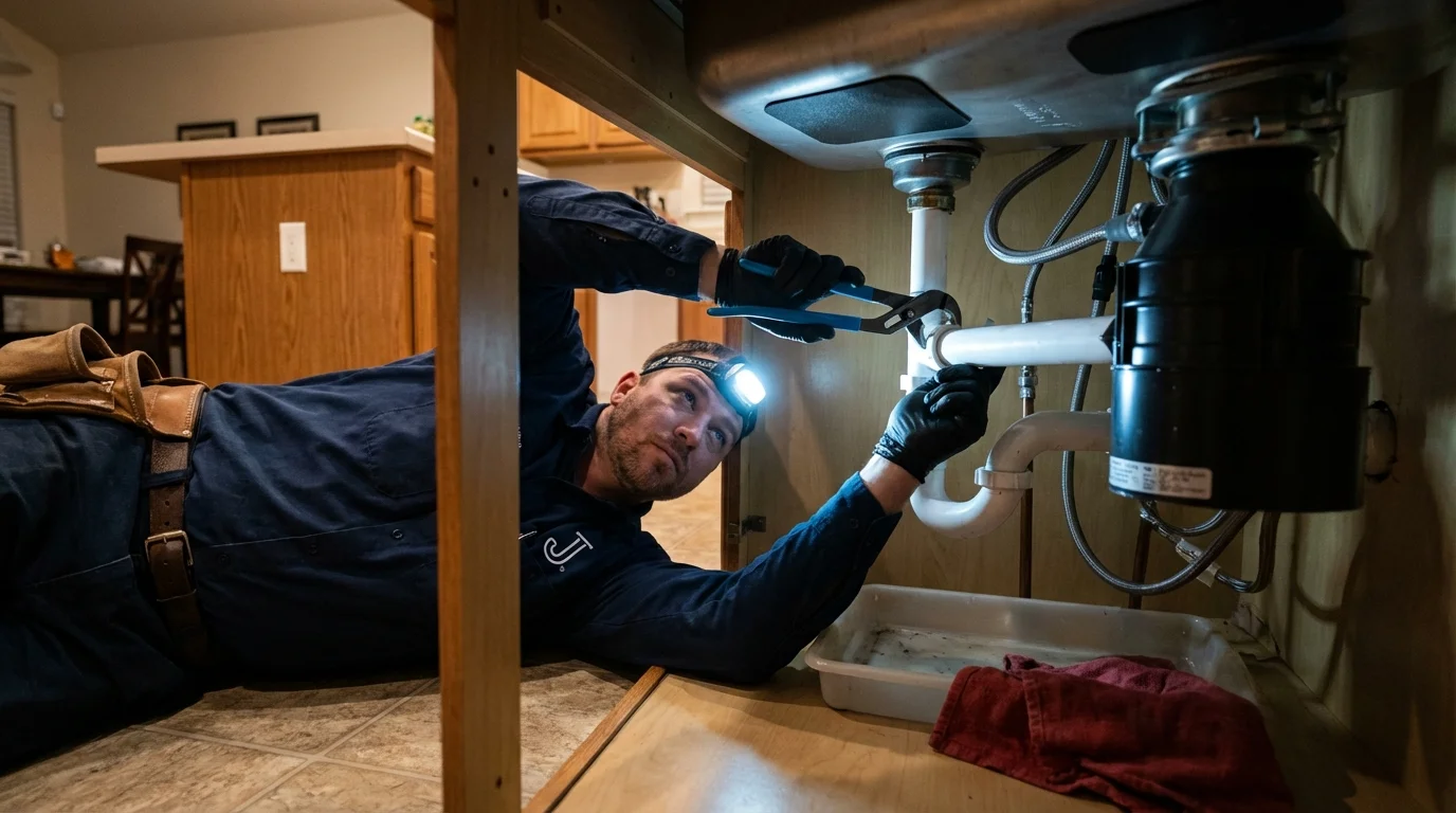 P-trap and supply line connections under a kitchen sink showing a common leak point in Orting, WA